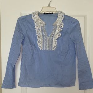 Zara blue & white blouse top crotchet lace detail